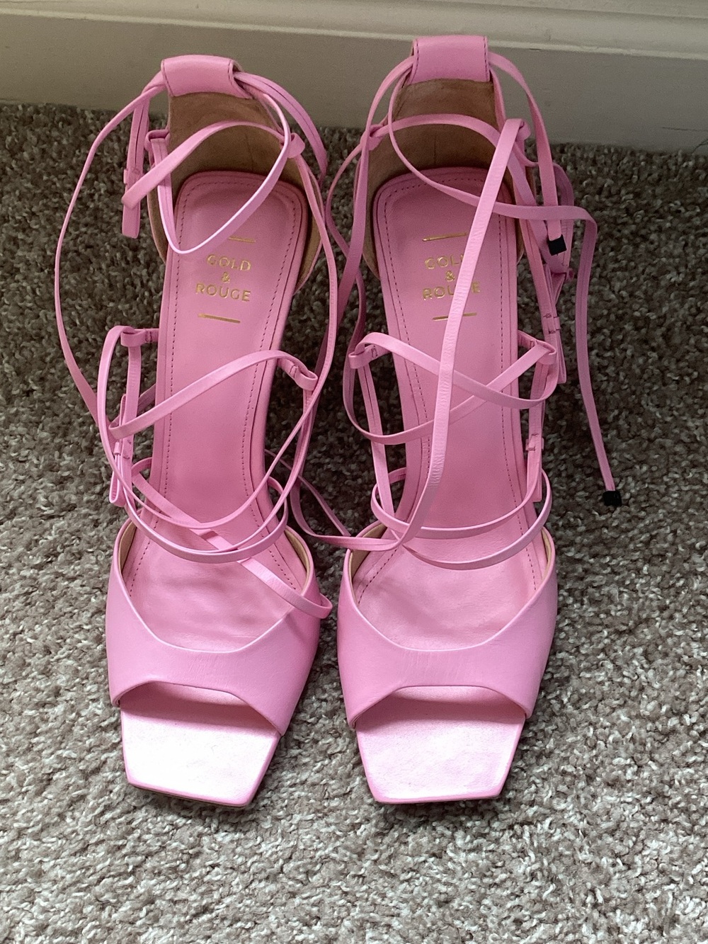 Gold & Rouge Pink Leather Lace-Up Sandals